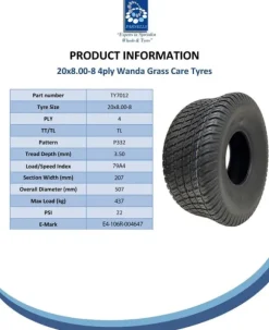 20x8.00-8 gräsklippardäck 4ply Multi, turf, gräsklippardäck, Wanda P332, set om 2