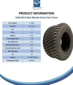 16x6.50-8 gräsklippardäck, 4ply Multi turf, gräs - gräsklippardäck Wanda P332