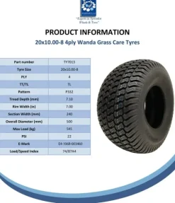 20x10.00-8 gräsklippardäck 4ply Multi turf gräs - gräsklippardäck Wanda P332 set om 2