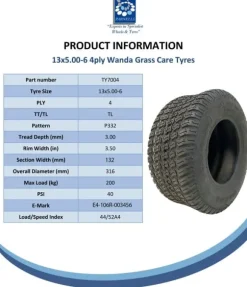 13x5.00-6 Gräsklippare Däck & fälgar Wanda P332, 20 mm 6304 Lager (uppsättning om 2)