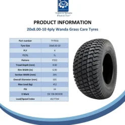 20x8.00-10 Gräsklippare Gräs Däck Wanda P332 Turf E-Marked Road Legal (uppsättning av 2)