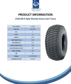 15x6.00-6 Gräsklipparhjul 4ply P332 Däck på fälg 20 mm Lager (uppsättning om 2)