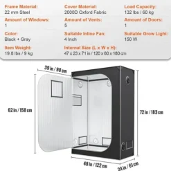 2x4 odlingstält, 48'' x 24'' x 72'', högreflekterande 2000D Mylar med fönster, verktygsväska och golvbricka för inomhusodling.