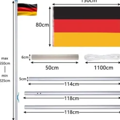 YUENFONG Flagga för Tyskland - Justerbart flaggstång i aluminium 6,5 m - 5 olika höjder